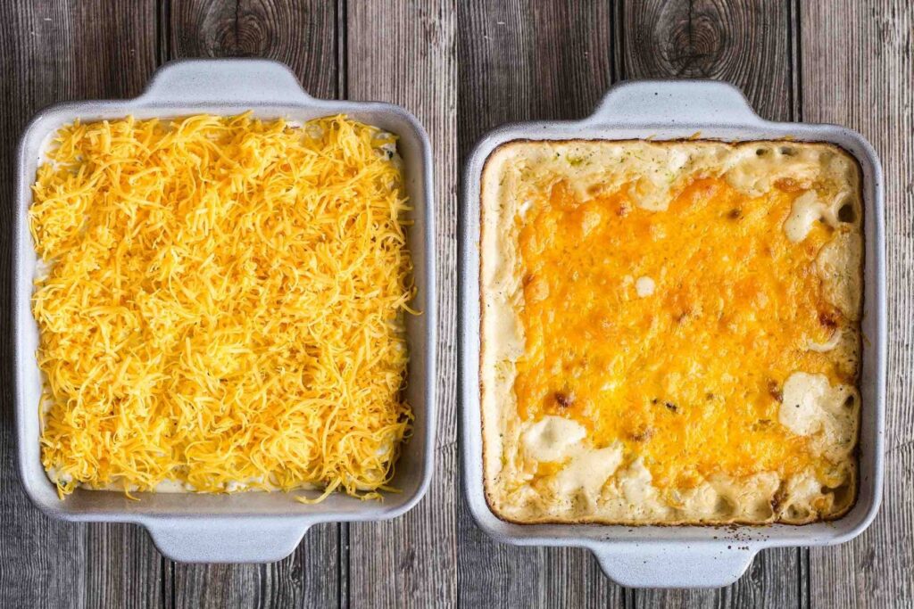 Casserole in baking dish before and after being baked.