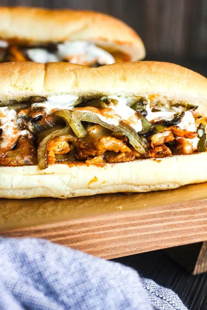 Close up of buffalo chicken cheesesteak.