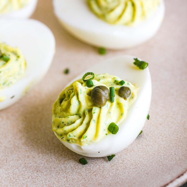 Close up of green goddess deviled eggs.