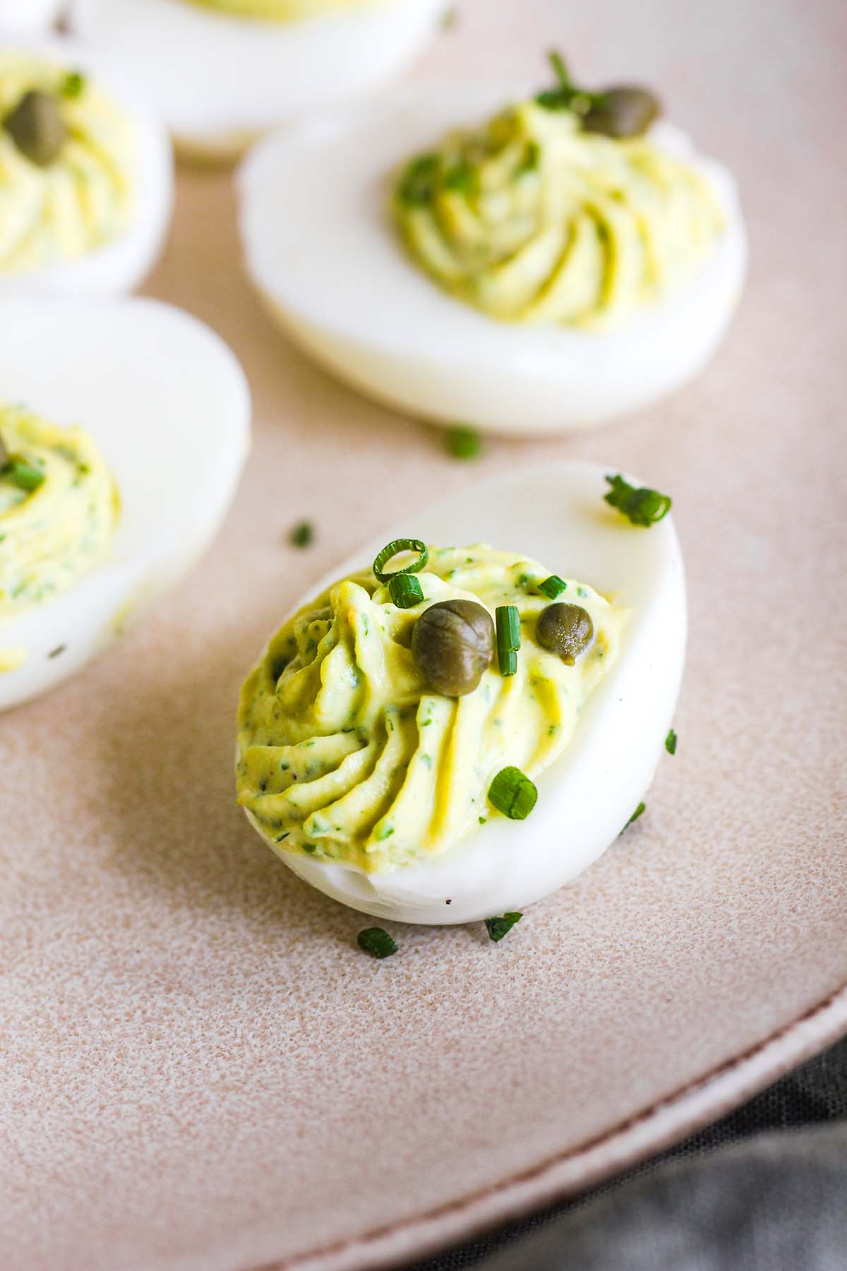 Close up of green goddess deviled eggs.
