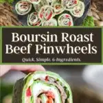 Pinterest graphic for Boursin roast beef pinwheels.