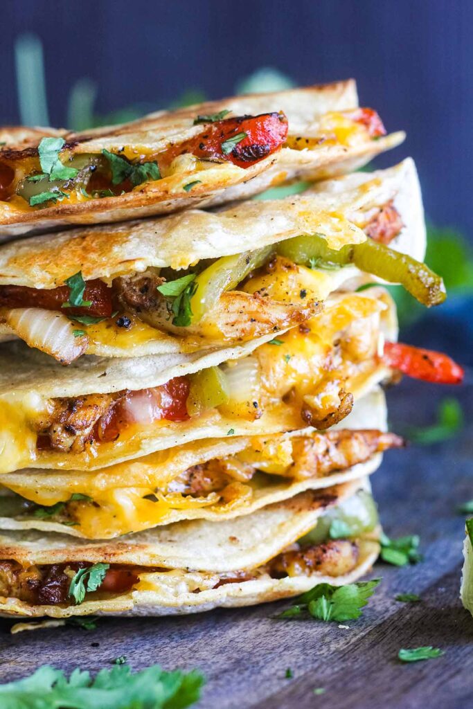 Close up of fajita taco stack.