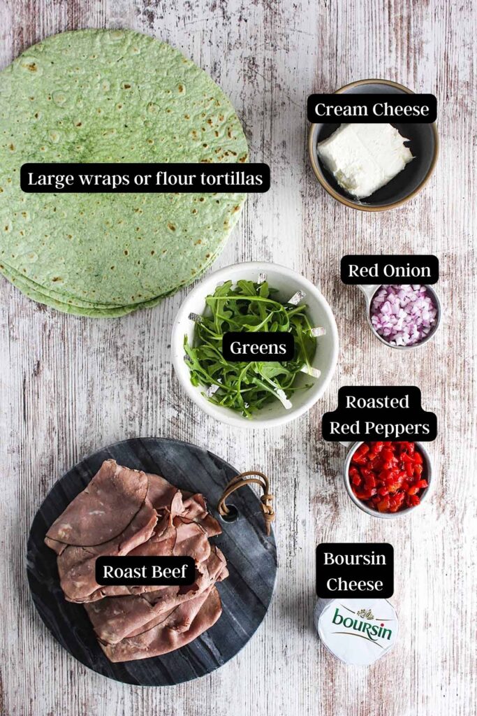 Ingredients for Boursin roast beef pinwheels (see recipe card).