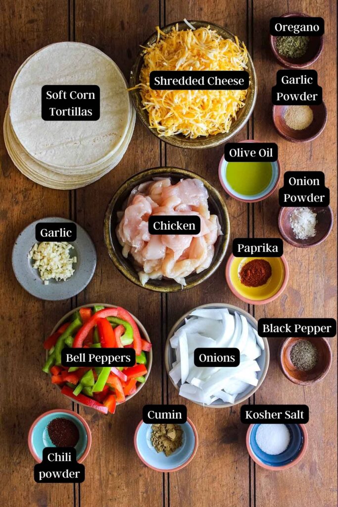Ingredients for crispy chicken fajita tacos (see recipe card).
