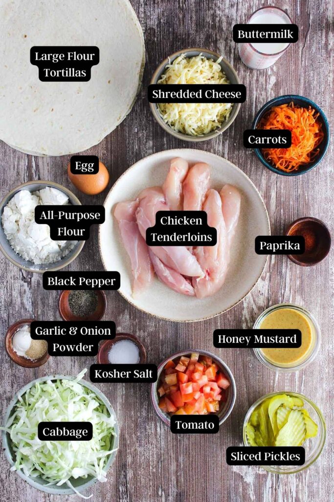 Ingredients for honey mustard chicken wrap (see recipes card).