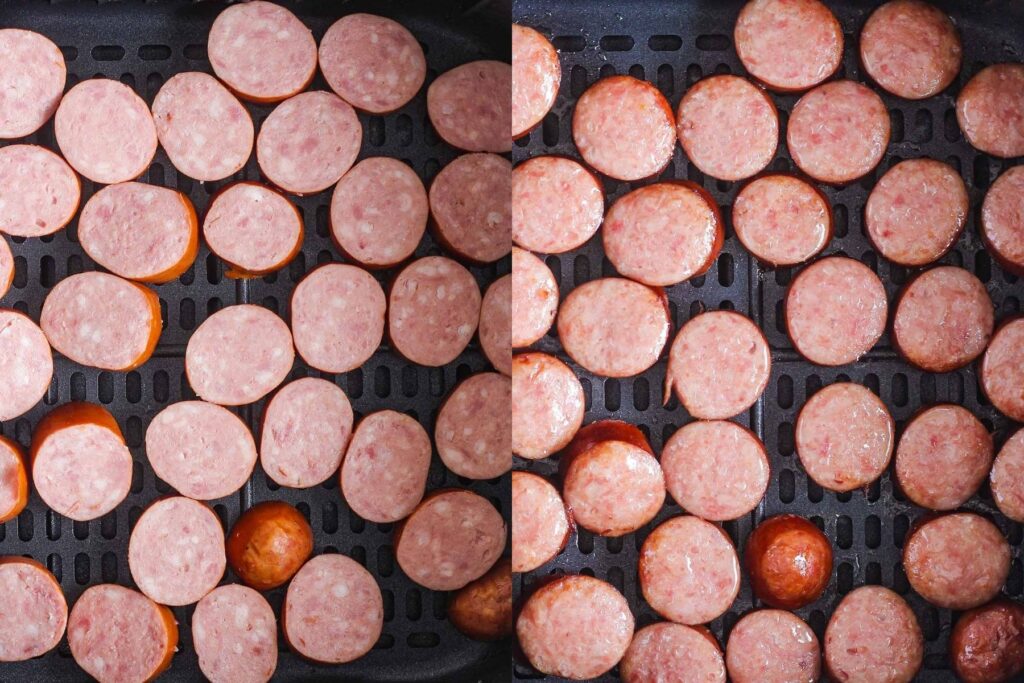 Side by side of kielbasa slices in air fryer basket before and after cooking.