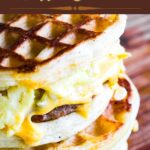 Pinterest graphic for breakfast waffle sandwich.