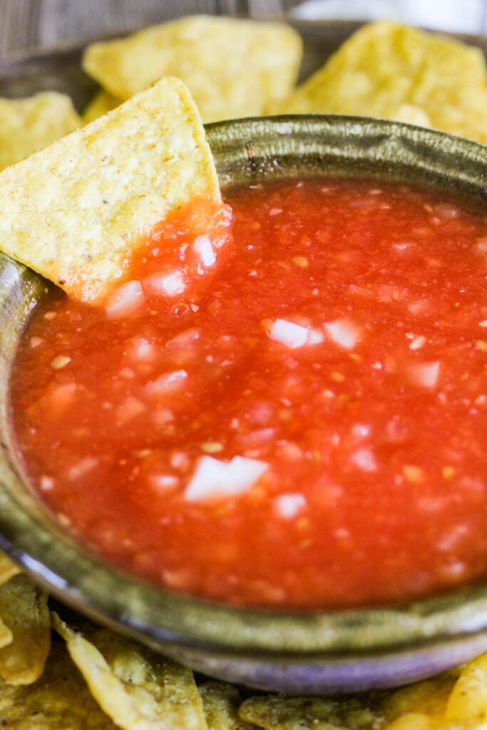 Chip sitting in bowl of spicy salsa.