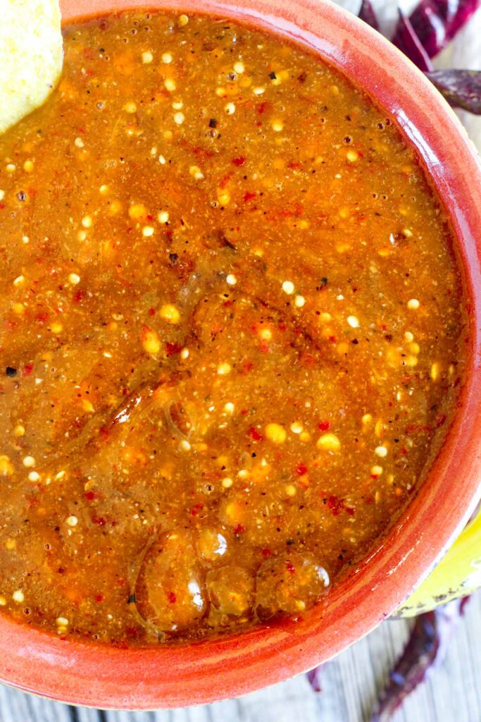 Close up of bowl of spicy salsa.