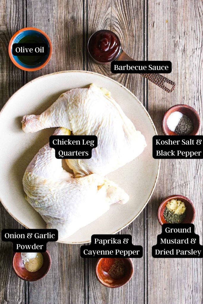 Ingredients for air fryer bbq chicken leg quarters (see recipe card).