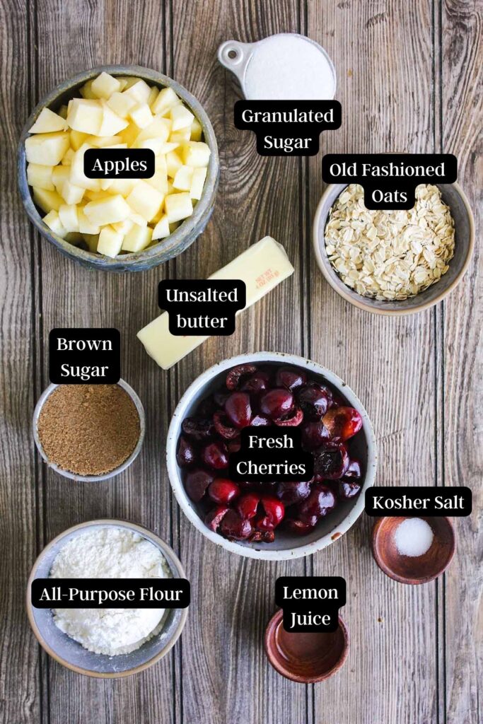 Ingredients for cherry apple crispy (see recipe card).