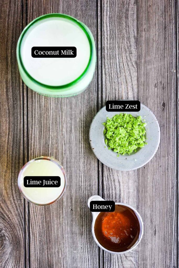 Ingredients for creamy lime popsicles (see recipe card).