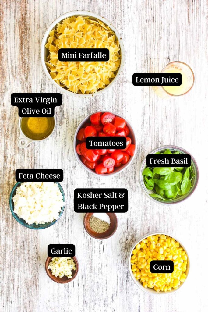Ingredients for lemon basil pasta salad (see recipe card).