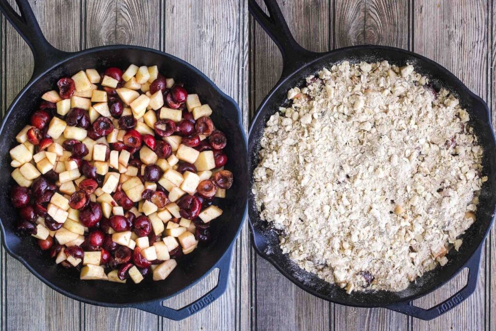 Side by side of fruit layered in cast iron pan and then topped with dry oat mixture.